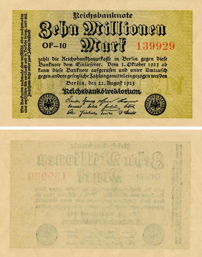 Коллекционная банкнота Германия 10000000 марок 1923 AU-UNC 10 Millionen P106a (Б17967)