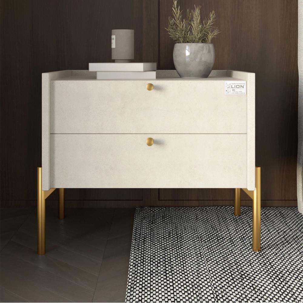 Тумба прикроватная Lion Wood с двумя ящиками золотые ножки Бетон style (Lion-041338)