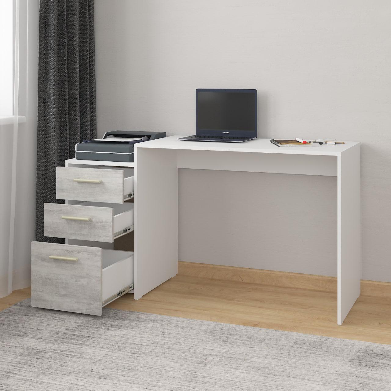 Комп'ютерний стіл на 3 ящики з тумбою ДСП 1385х756x502 мм Білий/Бетон (A-187) - фото 2 Комп'ютерний стіл на 3 ящики з тумбою ДСП 1385х756x502 мм Білий/Бетон (A-187) - фото 2