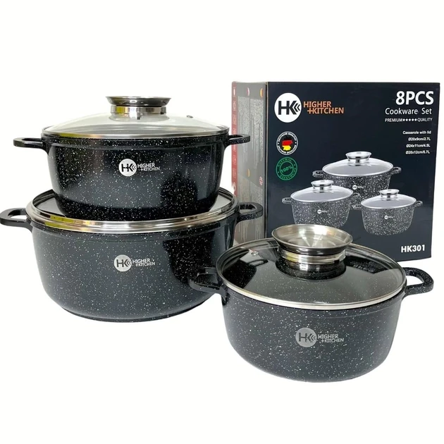 Набор кастрюль Higher Kitchen HK-301 с гранитным антипригарным покрытием 6 пр. Черный Набор кастрюль Higher Kitchen HK-301 с гранитным антипригарным покрытием 6 пр. Черный