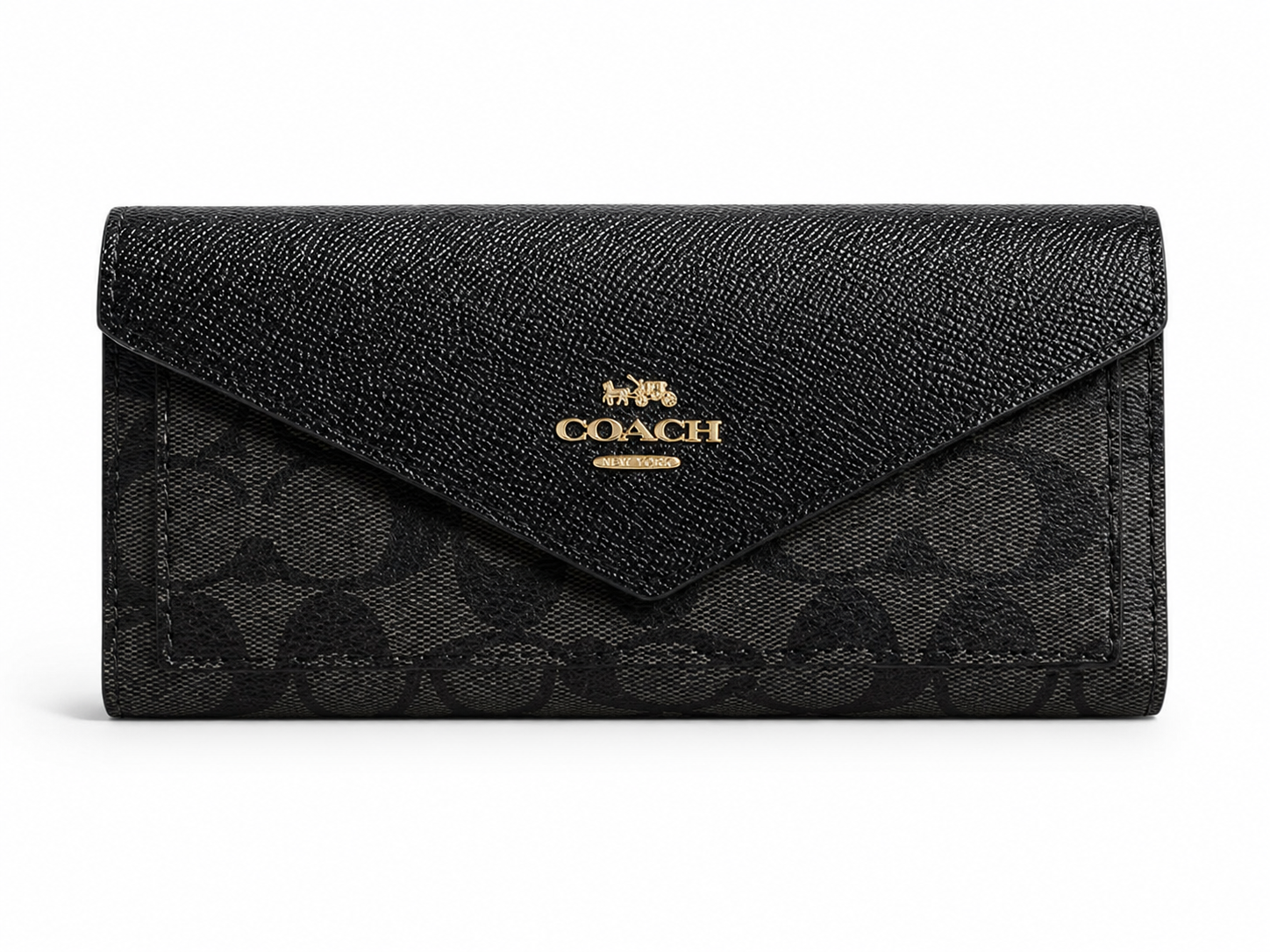 Кошелек женский Coach с монограммой/клапаном-конвертом и золотистым логотипом Черный