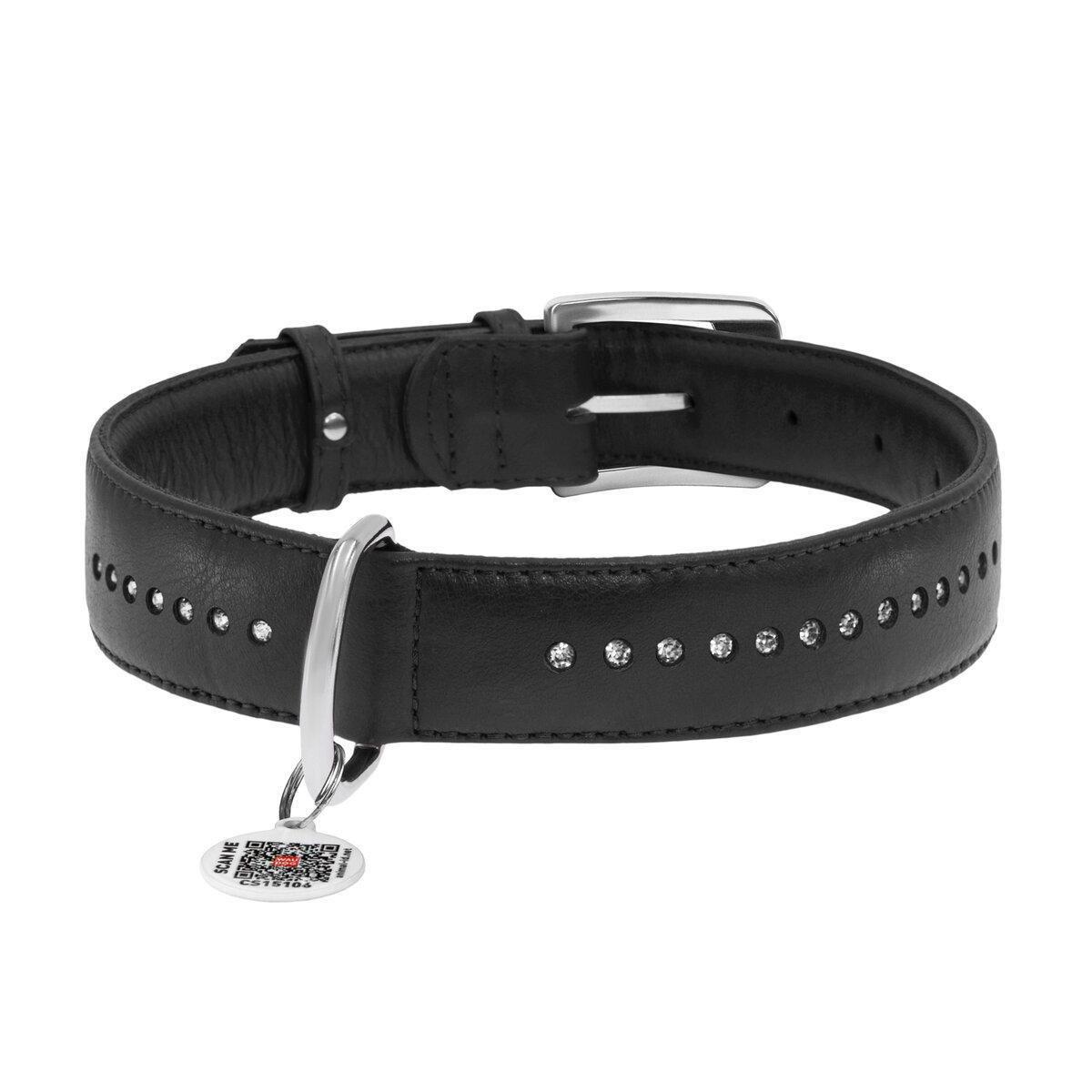 Ошейник для собак кожаный Waudog Glamour с QR паспортом/двойной со стразами L 25 мм х 38-49 см Черный (38781 Col)