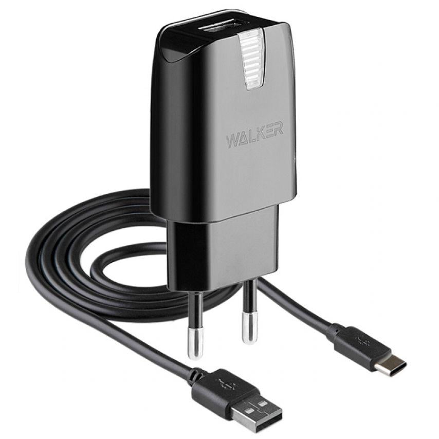 Сетевое зарядное устройство Walker WH-21 1xUSB 2A кабель Type-C Black