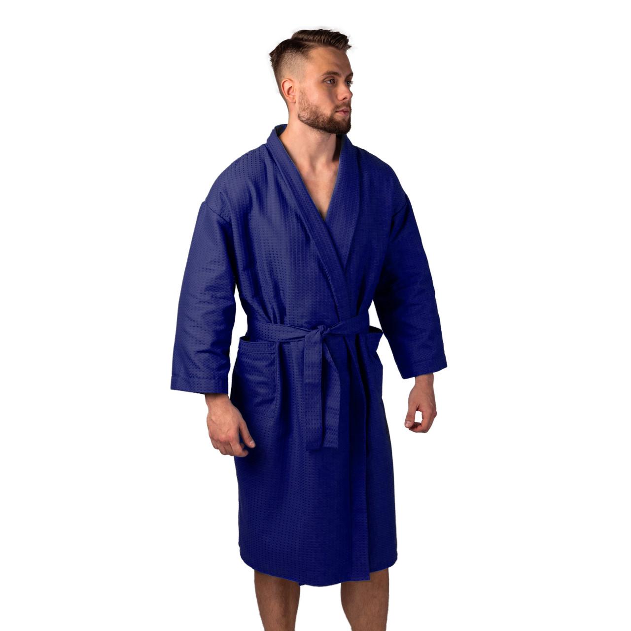 Вафельный халат Luxyart Men's Bathrobe Кимоно S хлопок Синий (LS-456)