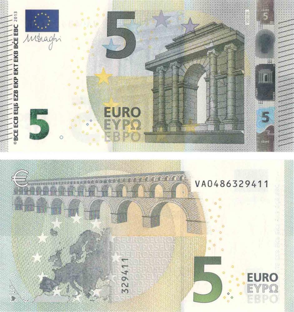 Коллекционная банкнота Испания 5 евро 2013 VA V001 Драги UNC (Б08689)