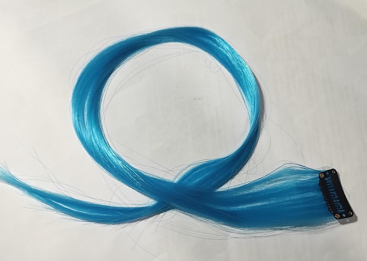 Декоративная прядь волос однотонная на заколке 50 см Ярко-голубый (M4-8-1196-ЯБ)