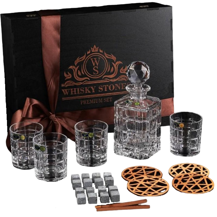 Подарочный набор для алкоголя камни для виски Whiskey Stones 16 шт./4 хрустальных стакана Bohemia Timesquare 320 мл и графин 800 мл