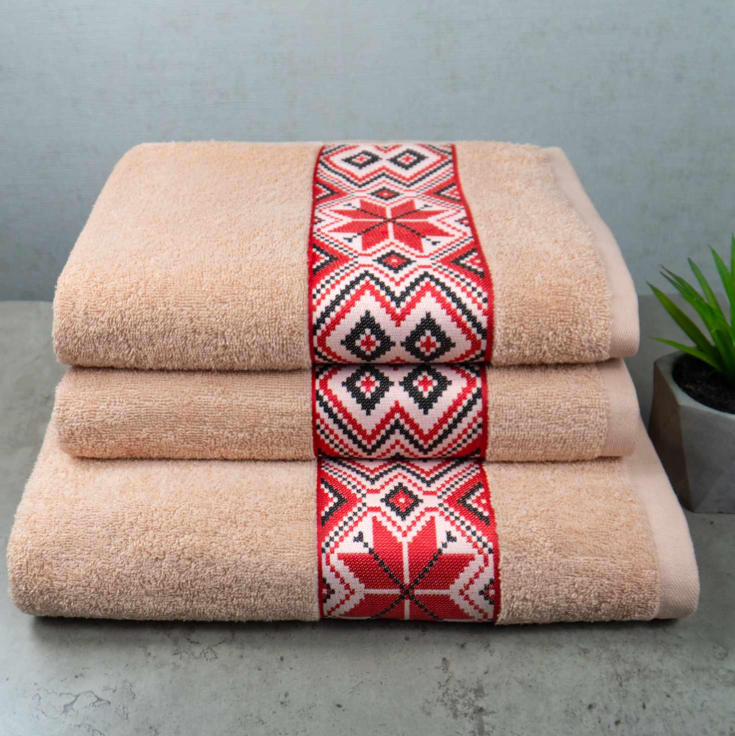 Комплект махровых полотенец GM Textile Ukrainian style с вышивкой 450 г/м2 3 шт. Кремовый (450-k-Ukr-Cream)
