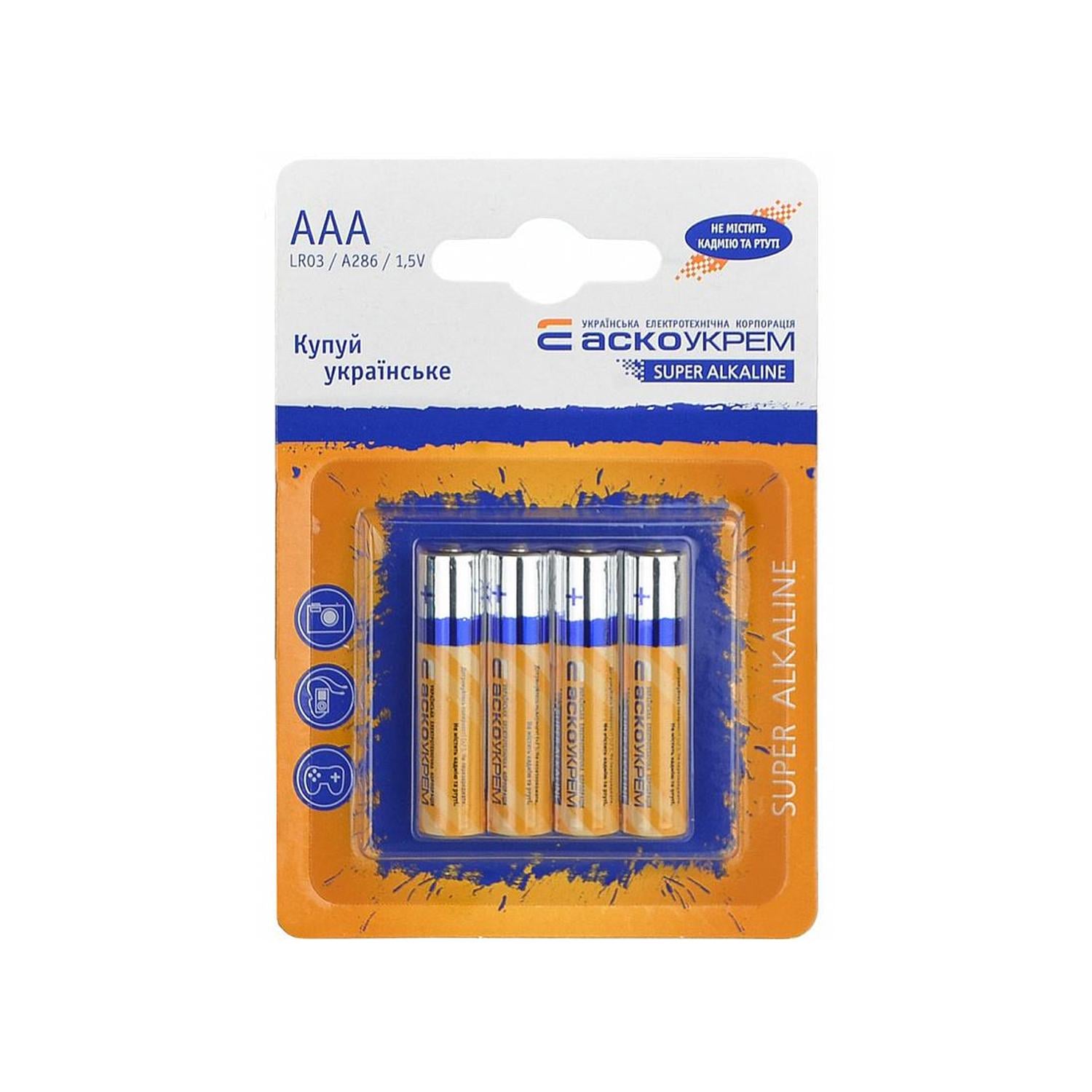 Батарейка АСКО-УКРЕМ ААА щелочная 1,5V blister 4 шт. (Аско.LR03.BL4)