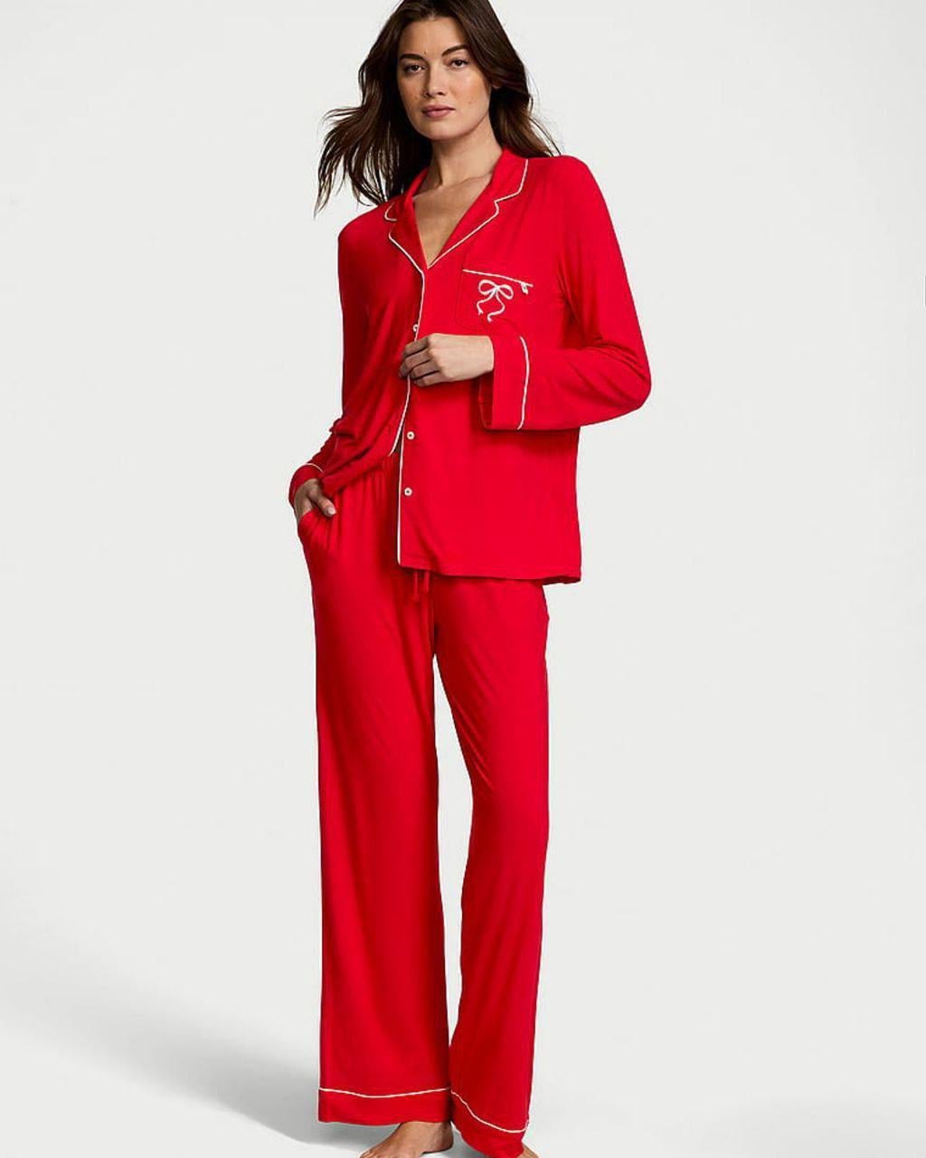 Піжама модал сорочка/штани Victoria's Secret Modal Long Pajama Set Lipstick Bows XS Червоний (26811431D)