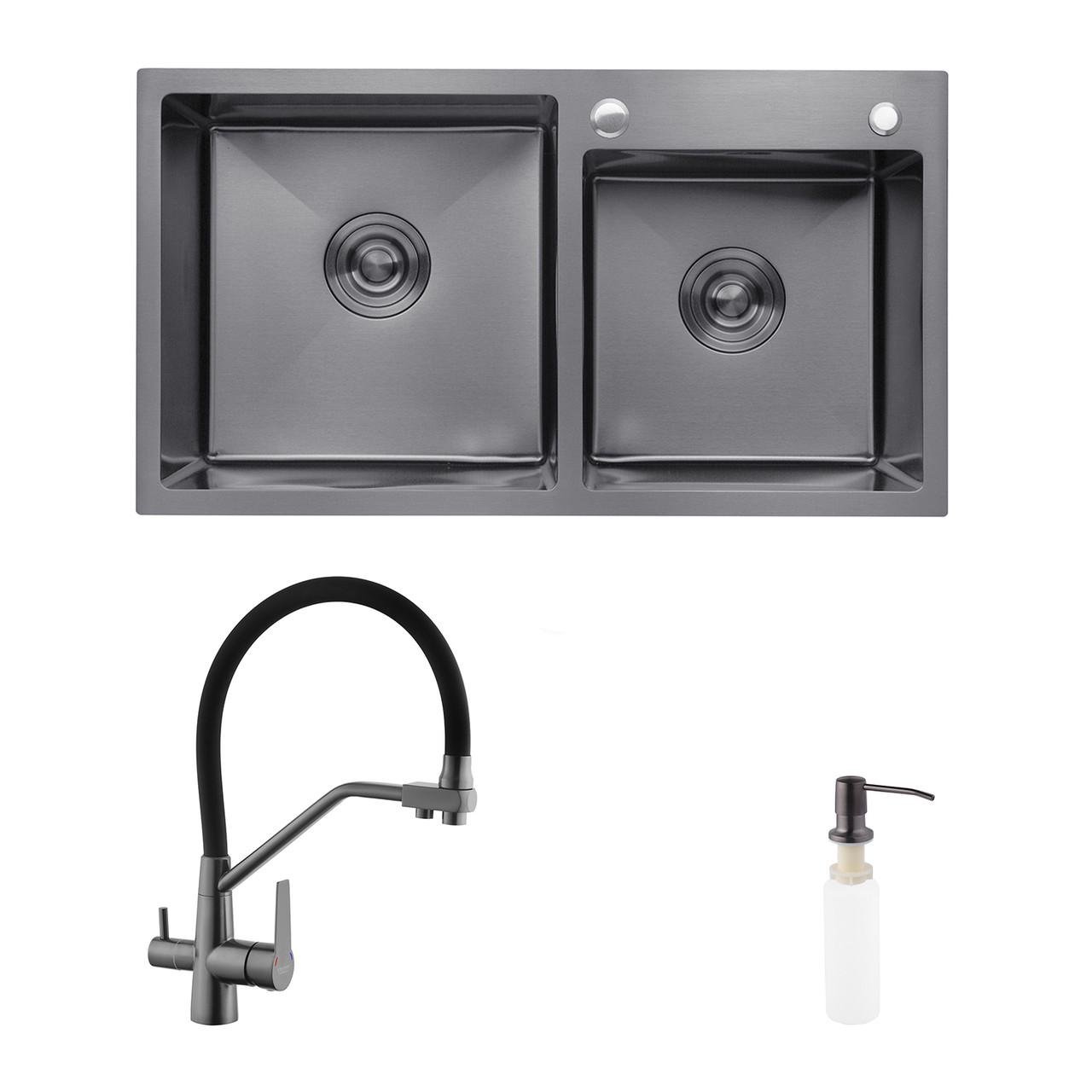 Комплект кухонная мойка Kroner Schwarze-7843ZHM PVD/смеситель Edelstahl Klassisch-PVD03817BLK/дозатор (2669564679)