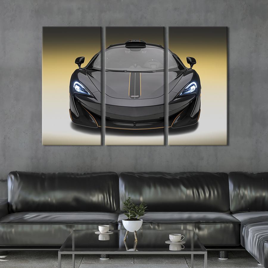 Картина на холсте триптих Чёрный McLaren 600LT 156x100 см (1350-31)