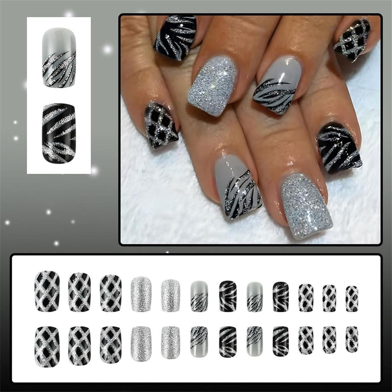 Накладные короткие ногти Шахматный узор квадрат с клеевыми пластинами 24 шт. Серебристый с черным (2789190669) - фото 3 Накладные короткие ногти Шахматный узор квадрат с клеевыми пластинами 24 шт. Серебристый с черным (2789190669) - фото 3