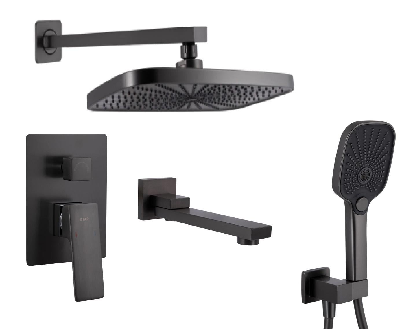 Душевая система встроенная Qtap Gemini для ванны с изливом с тропическим и ручным душем PVD покрытие Черный (45704)