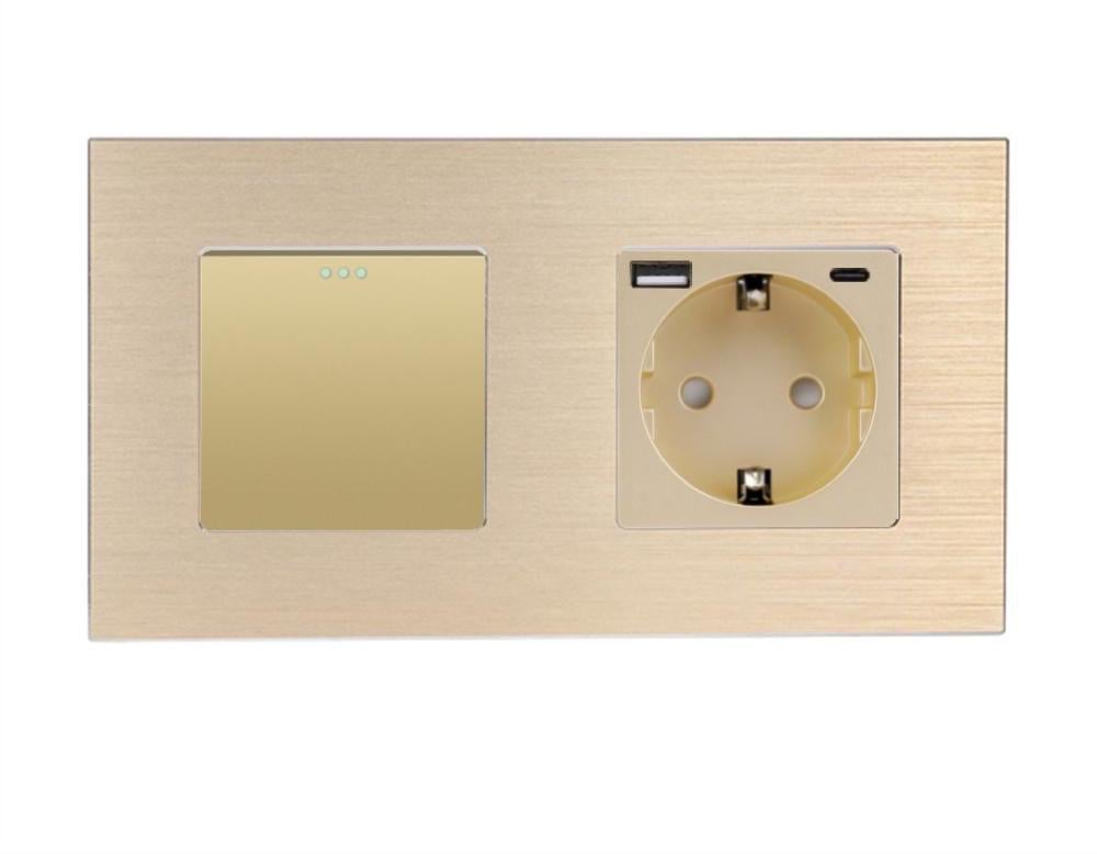 Выключатель проходной универсальный WALLPAD с розеткой USB A+C 20Вт с заземлением алюминий Золотой