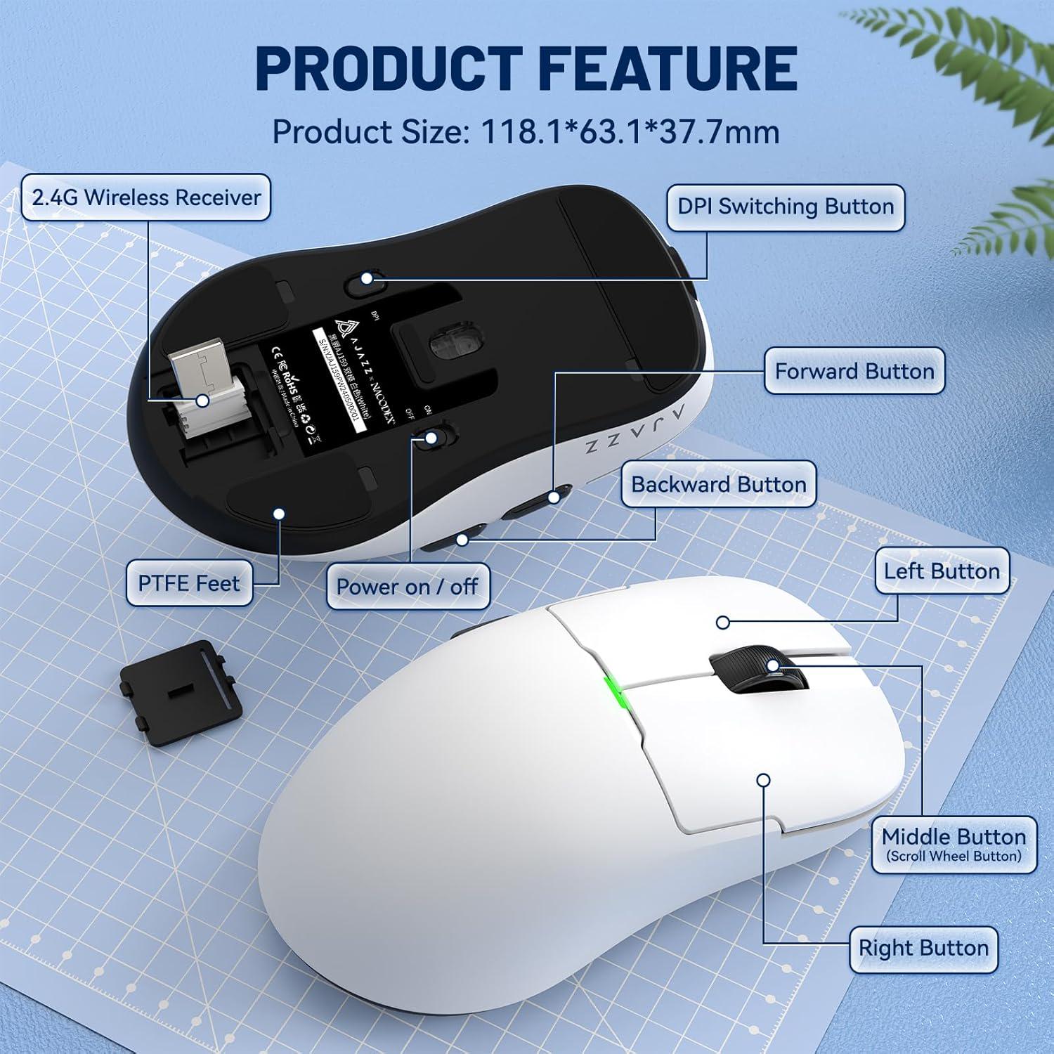 Миша ігрова бездротова Ajazz AJ159P із зарядною док-станцією RGB/сенсором PAW3395/26K DPI/56G/5 програмованими кнопками White - фото 8 Миша ігрова бездротова Ajazz AJ159P із зарядною док-станцією RGB/сенсором PAW3395/26K DPI/56G/5 програмованими кнопками White - фото 8