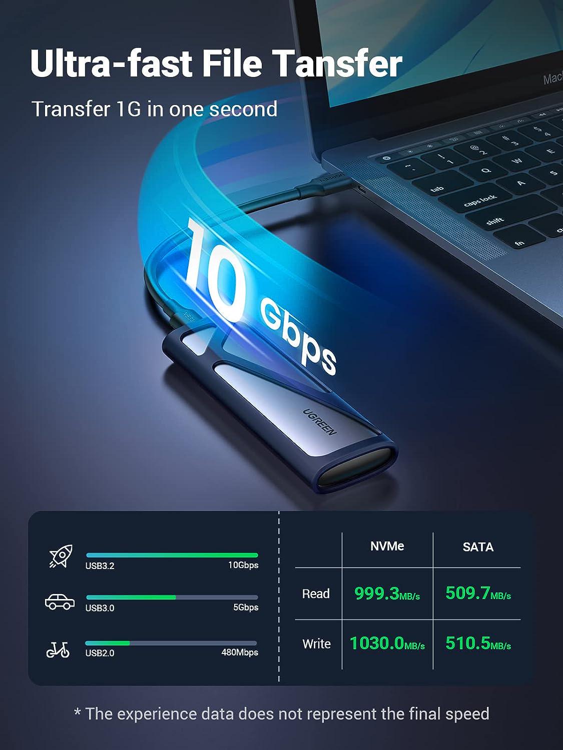 Корпус UGREEN для M.2 NVME и SATA SSD дисков 10 Гбит/с с USB-C кабелем M и B&M 2280/2230/2242/2260 для PCI-e и NGFF Серый (15509) - фото 3