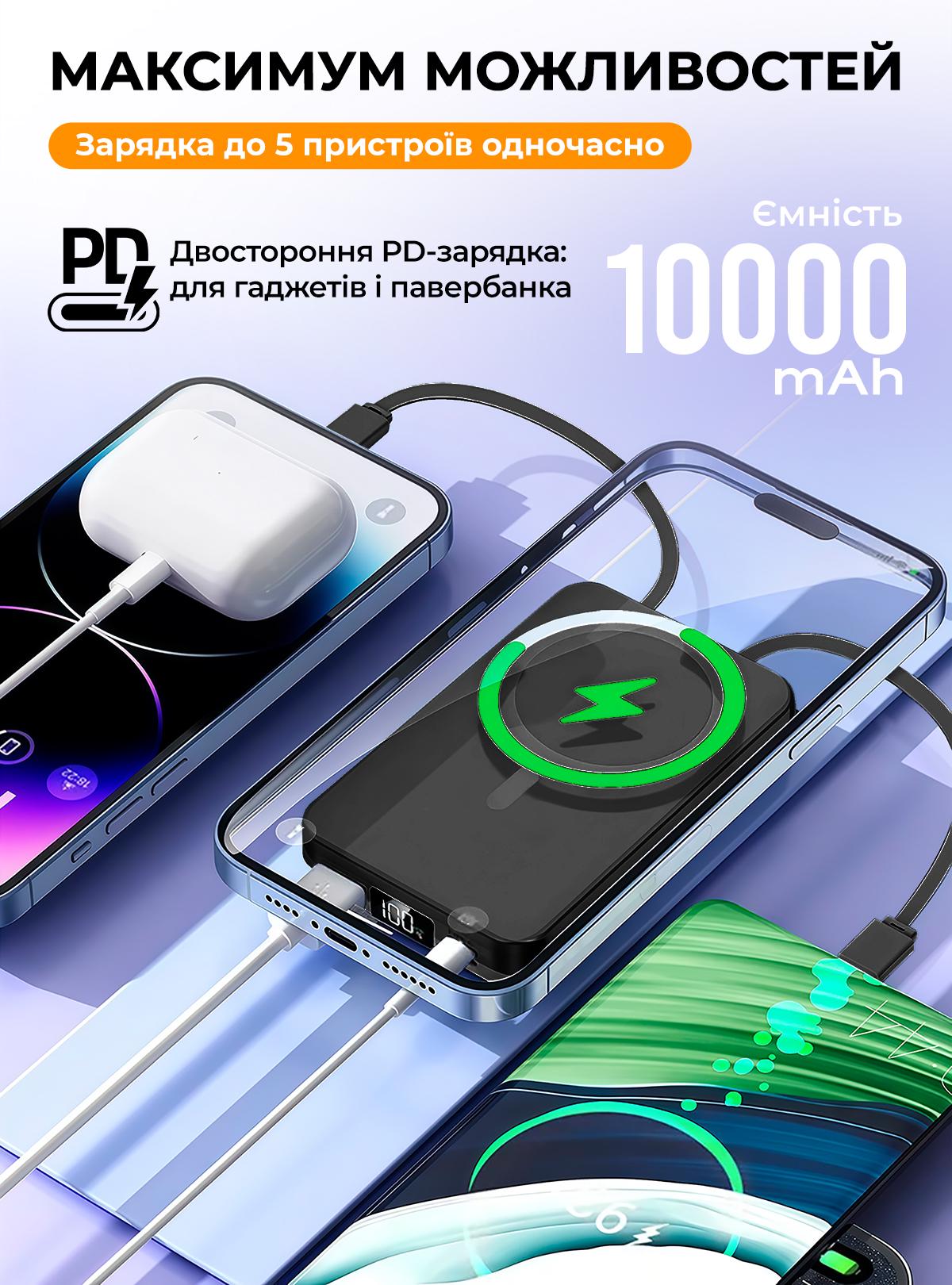 Повербанк OnePro з magsafe та кабелями Type-C Lighthing 10000 mah Чорний (73742) - фото 6 Повербанк OnePro з magsafe та кабелями Type-C Lighthing 10000 mah Чорний (73742) - фото 6