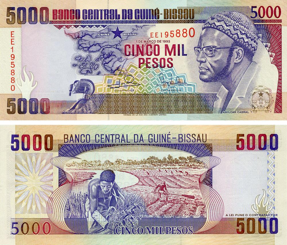 Коллекционная банкнота Гвинея-Бисау 5000 песо 1993 UNC (P14b)