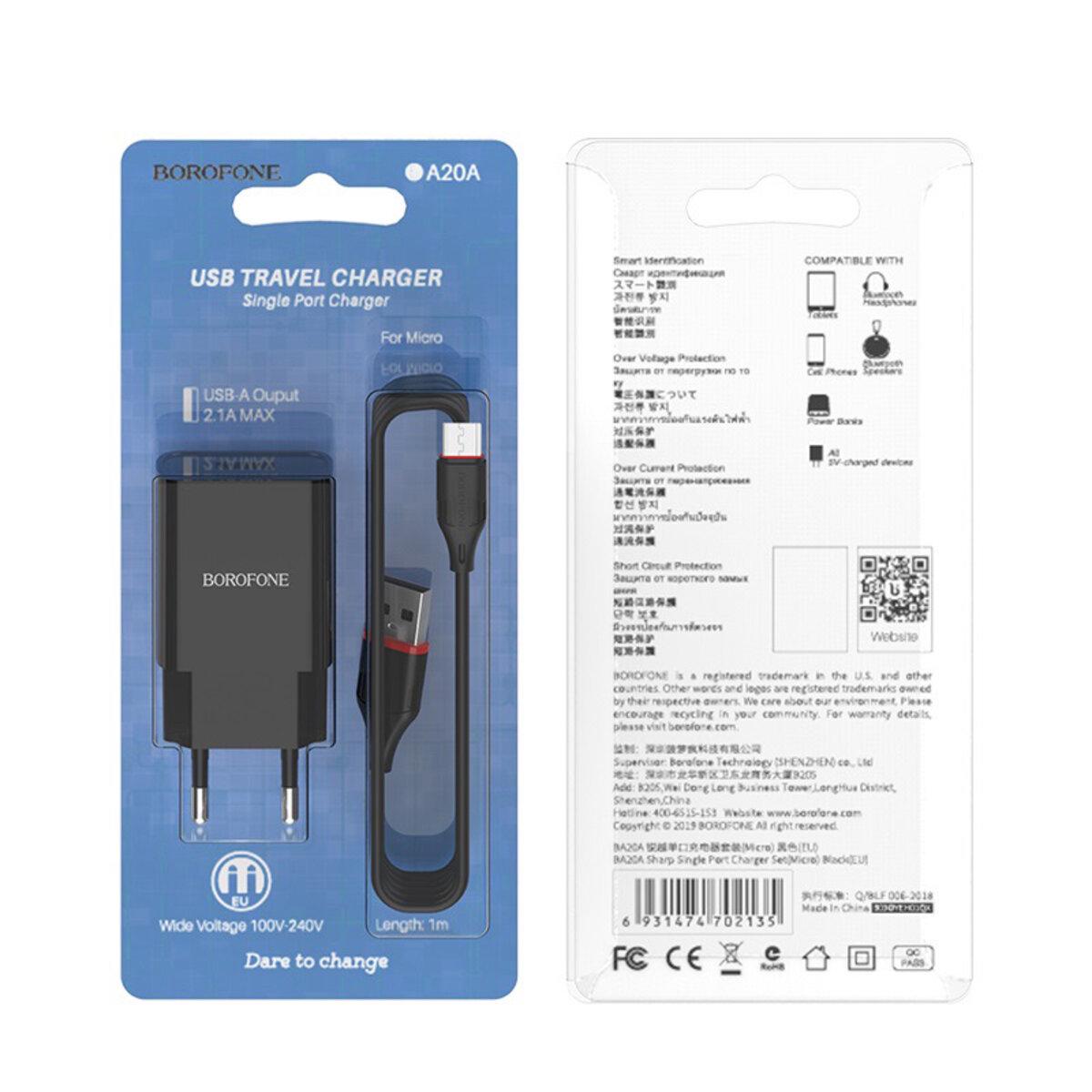 Пристрій мережевий зарядний Borofone BA20A Sharp single port charger set Micro Black - фото 2