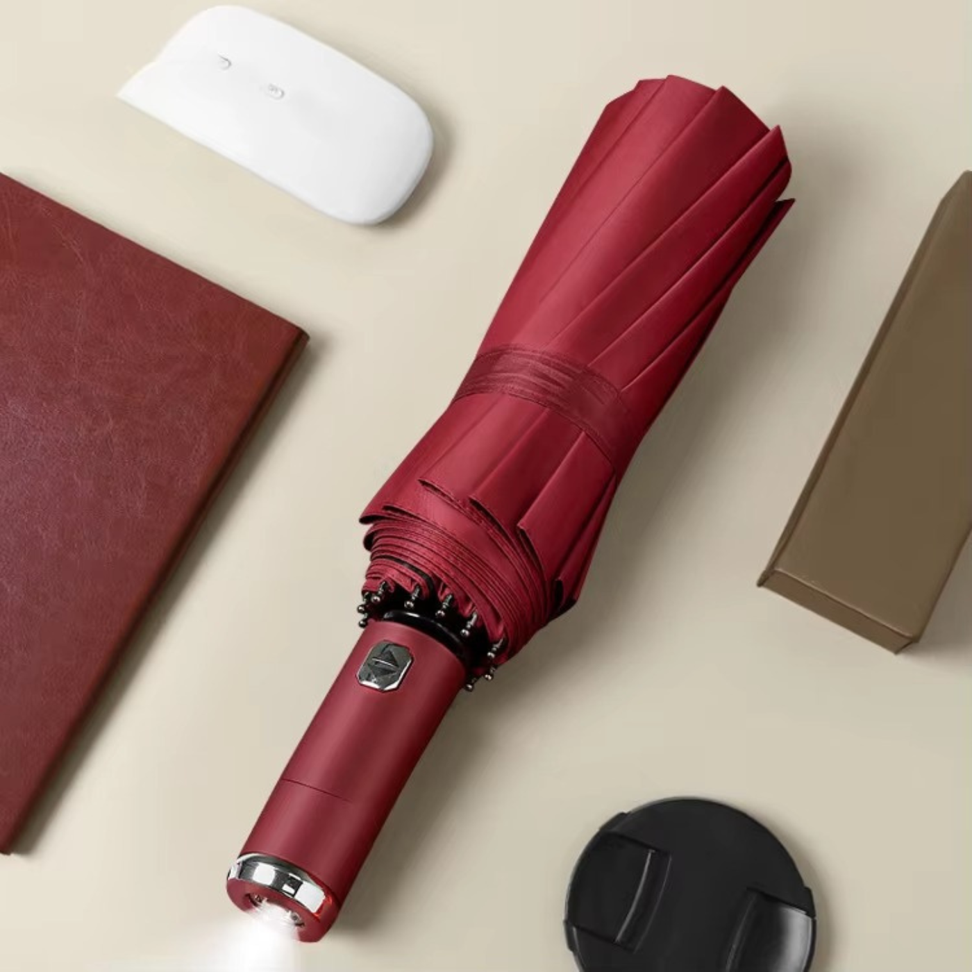 Зонтик с Led-фонарем от дождя солнца автоматический 10 спиц диаметр 98 см Красный