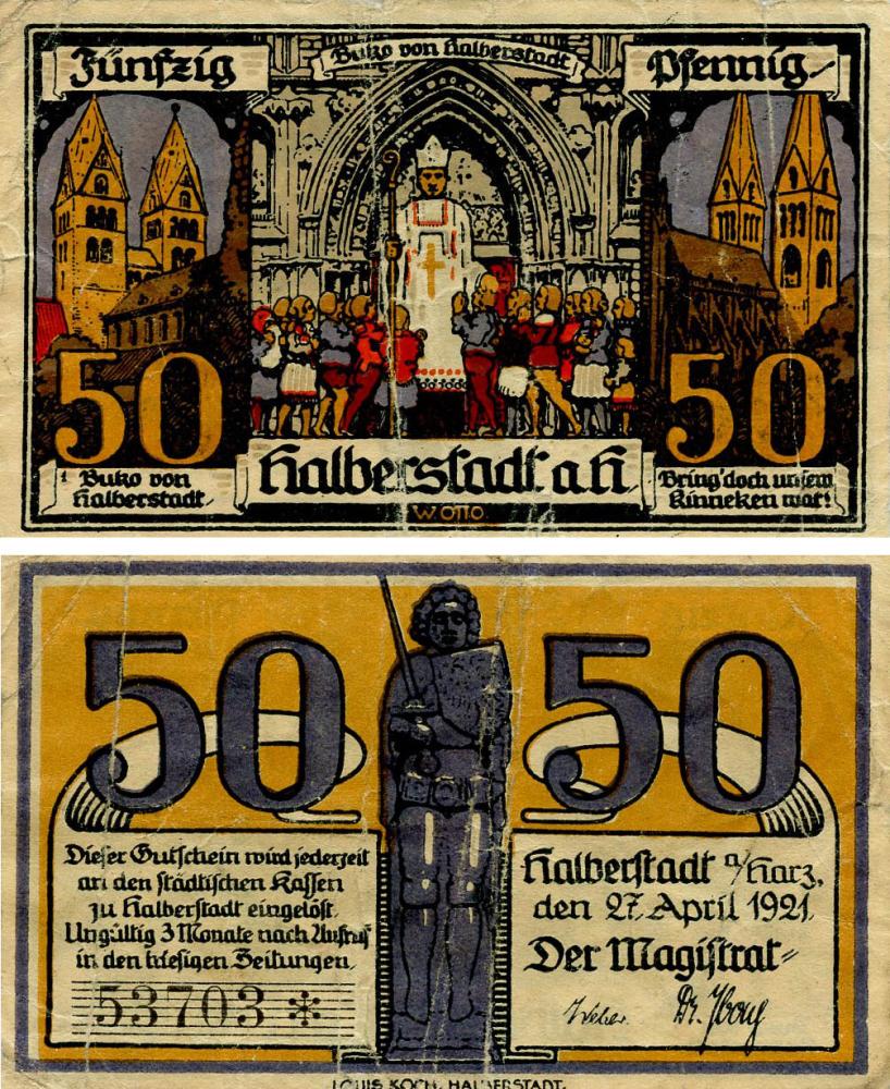 Коллекционная банкнота Германия Нотгельд 50 пфеннигов 1921 F-VF Хальберштадт (Б18700)