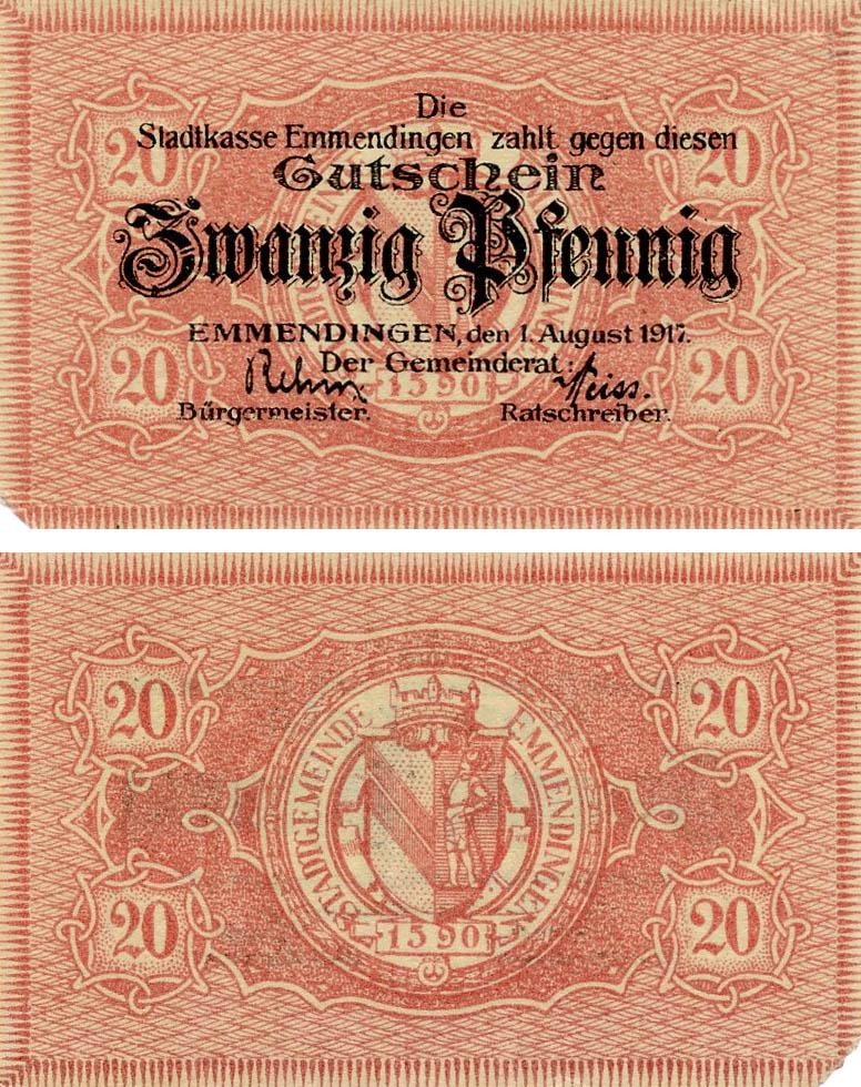 Коллекционная банкнота Германия Нотгельд 20 пфеннигов 1917 F-VF Эммендинген (Б18506)
