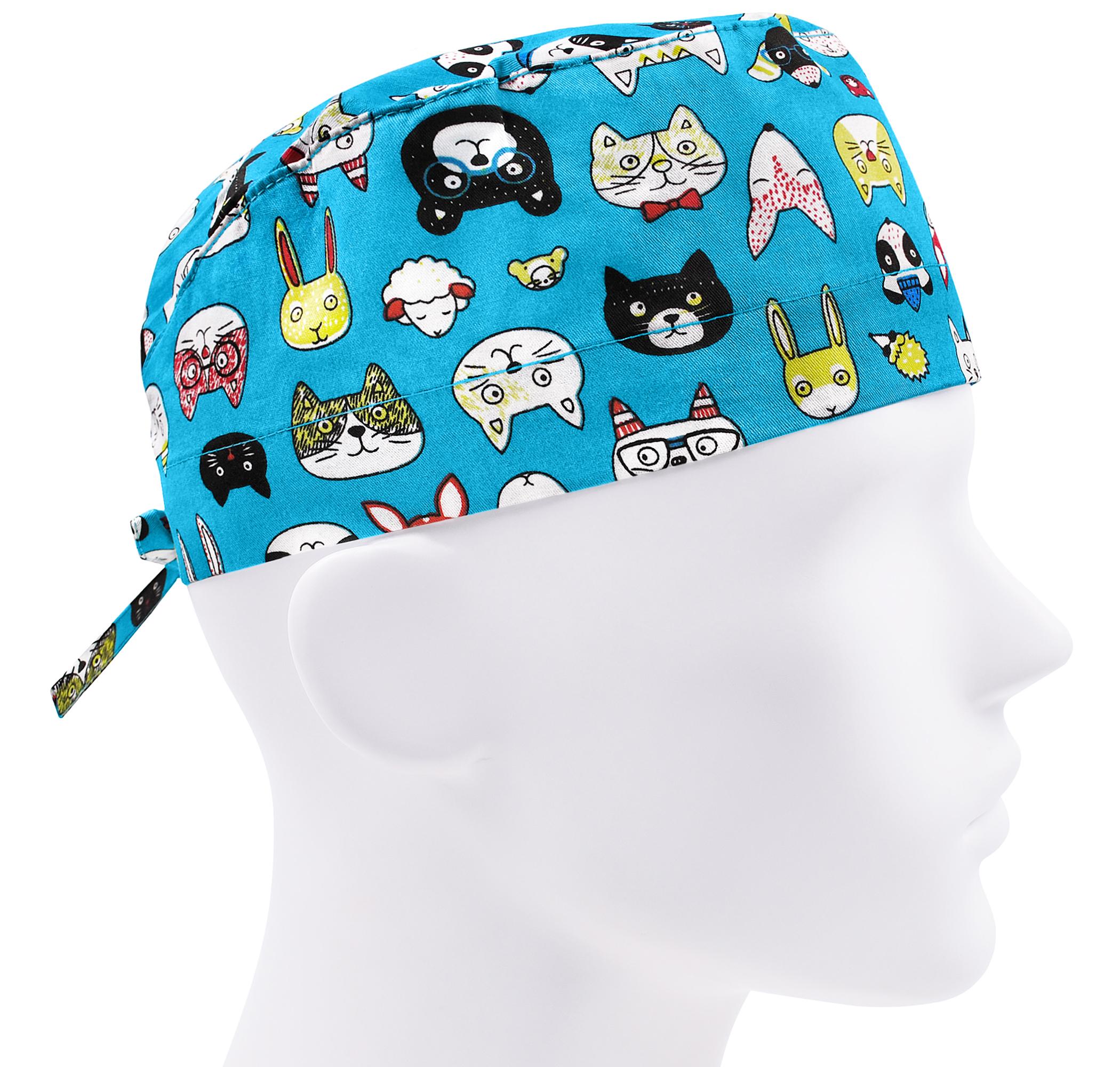 Шапочка медицинская мужская FloralScrubs Мордочки животных на бирюзе универсальная (М103)