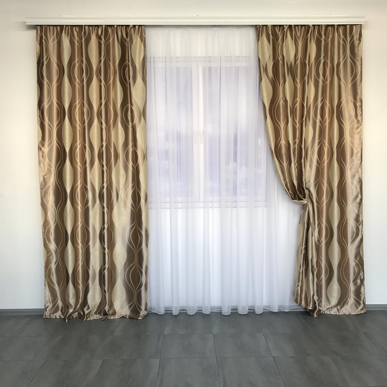 Шторы готовые блэкаут с рисунком Волна Кофейный (SH-209-5)