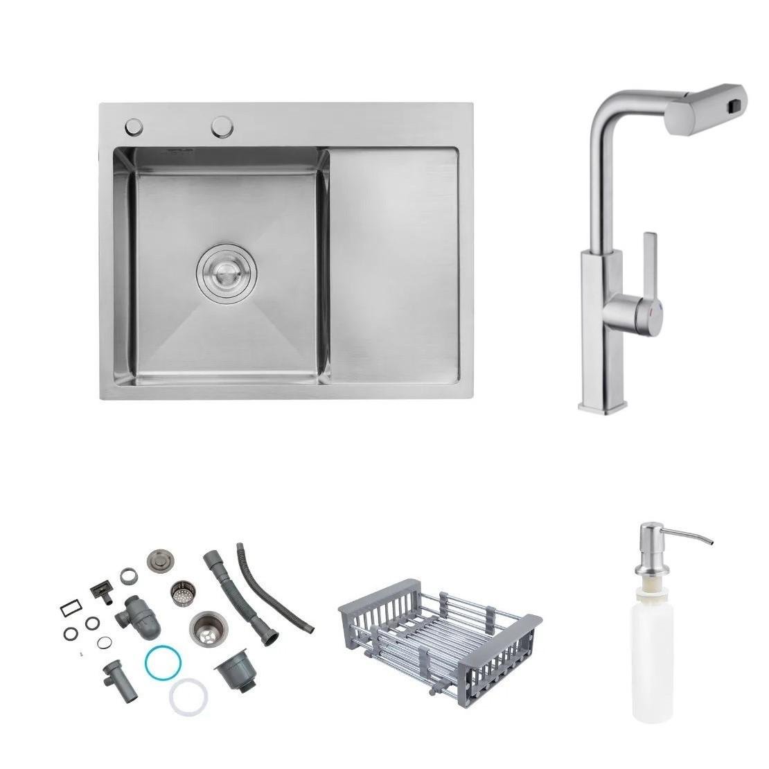 Мойка Kroner-6350LHM 3,0/1,0 мм левая Серый/смеситель для кухни с выдвижным изливом Kroner ESG03918