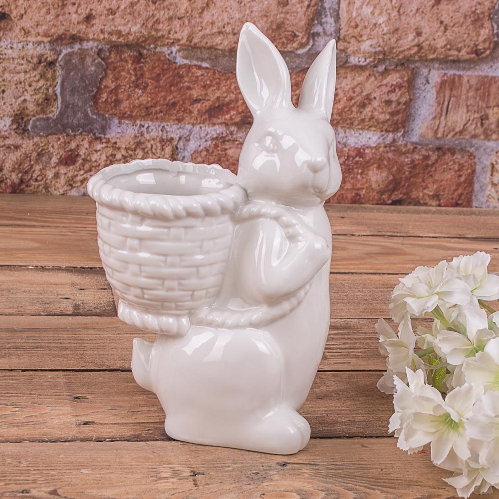 Вазон заяц с корзиной 20х12 Белый (47270