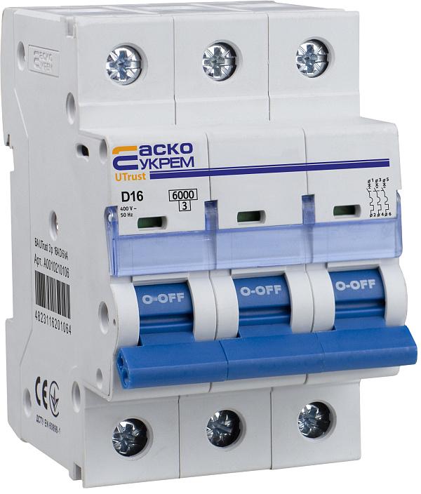 Модульный автоматический выключатель АСКО-Укрем UTrust 3р 16А D 6kА