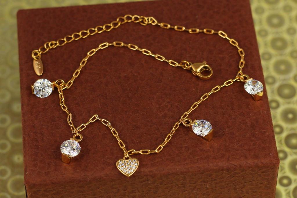 Браслет на ногу Xuping Jewelry сердечко и пять камешков 22 см удлинитель 5 см Золотистый (2312018359)