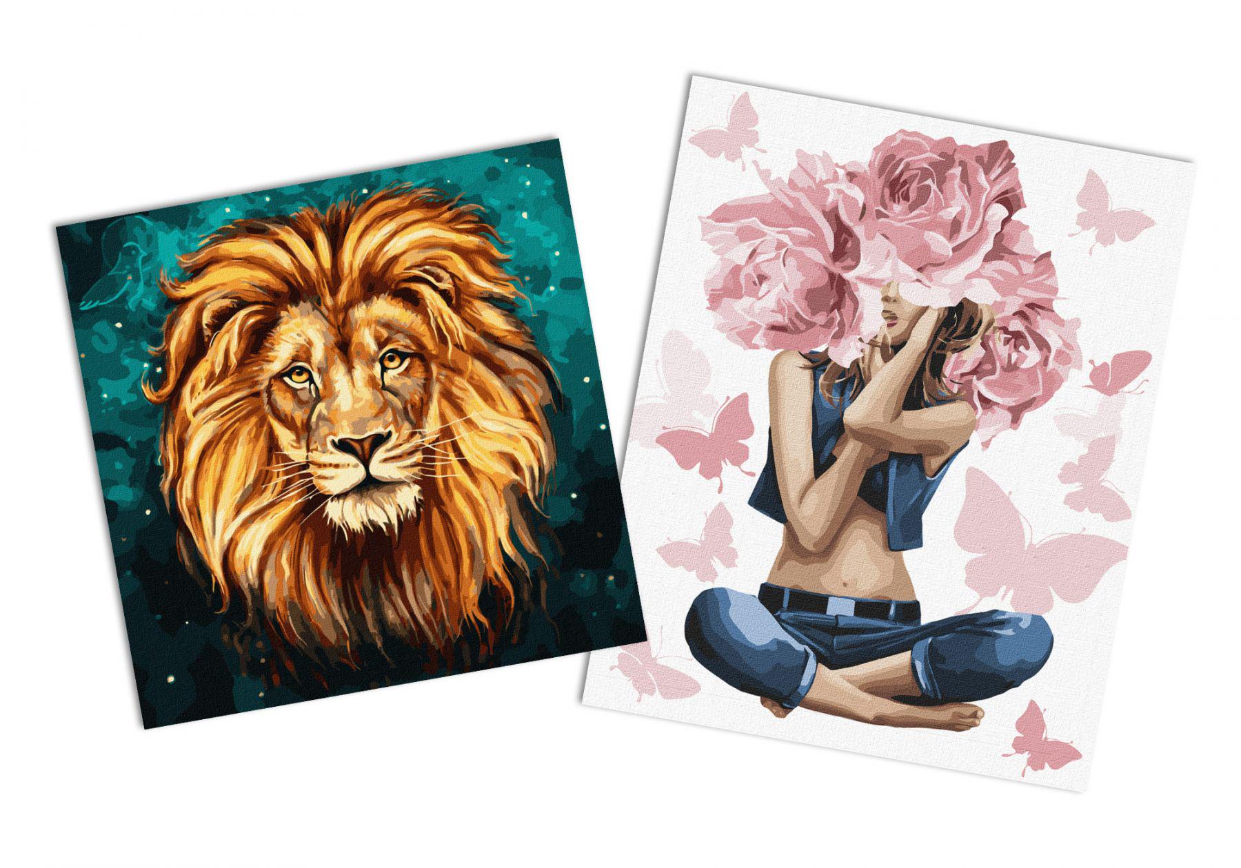 Набор картин по номерам Идейка 2в1 Девушка-роза 40x50 см KHO4798 и Роскошный лев 40x40 см KHO4286 (CKHO8161)