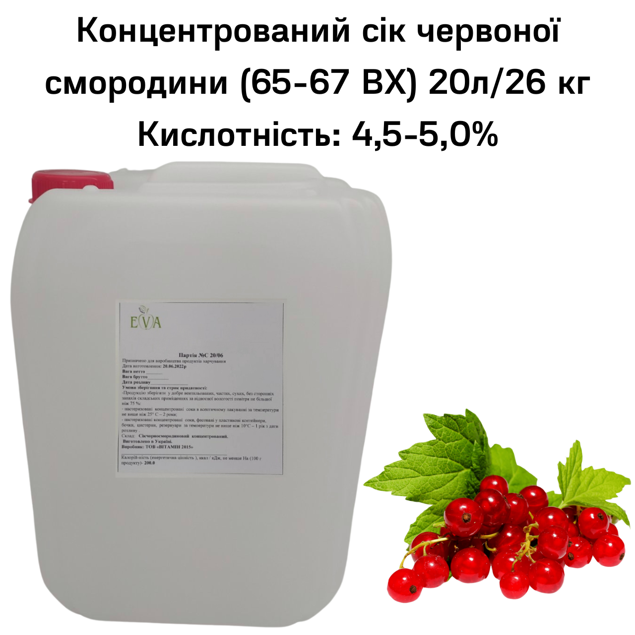 Сік червоної смородини концентрований Eva 65-67 ВХ каністра 20 л/26 кг - фото 2