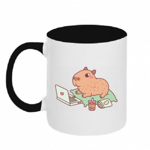 Чашка керамическая двухцветная Capybara with laptop 320 мл Черно-белый (12975754-17-182922)