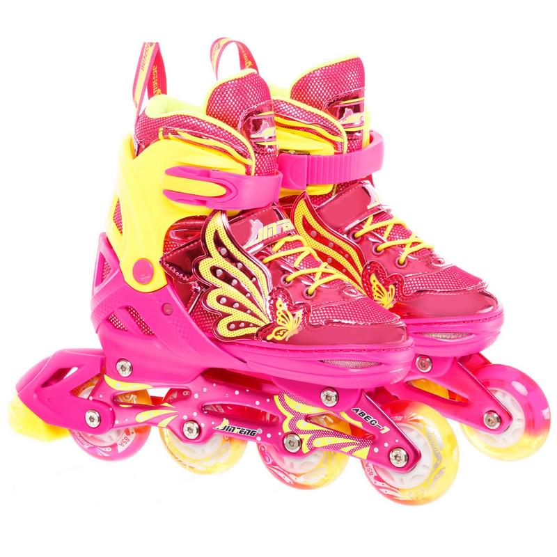 Роликовые коньки раздвижные детские JINGFENG 189 с защитой и шлемом р. 35-38 Розовый (189_Розовый_M_(35-38) - фото 6