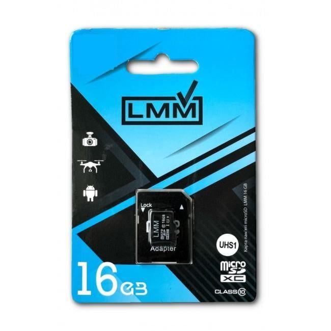 Карта памяти MicroSD 16GB LMM Class 10 UHS-I+SD адаптер для смартфона и камеры (16GBSD10U1-01) Карта памяти MicroSD 16GB LMM Class 10 UHS-I+SD адаптер для смартфона и камеры (16GBSD10U1-01)
