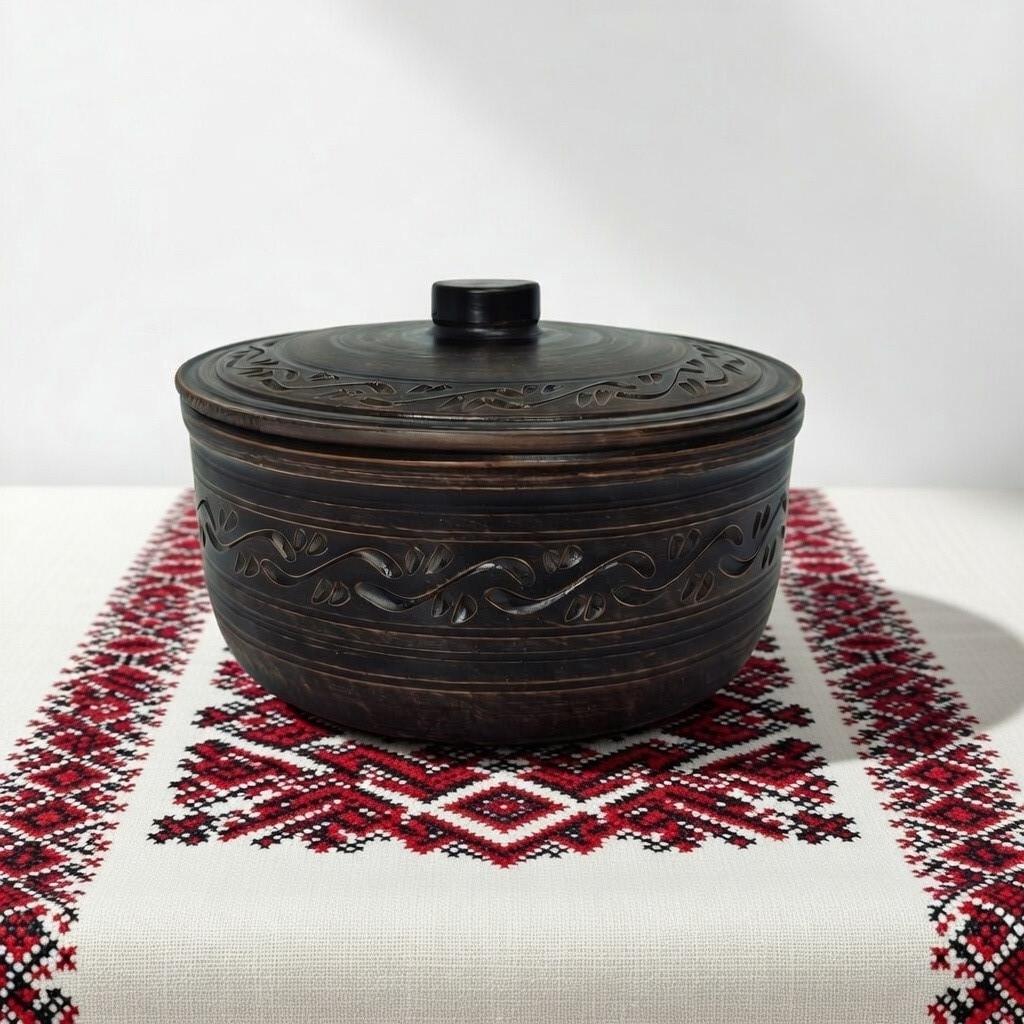 Супник с крышкой Украинская глиняная посуда Декор молоченная керамика из красной глины без ручки 1,8 л (2933523031)