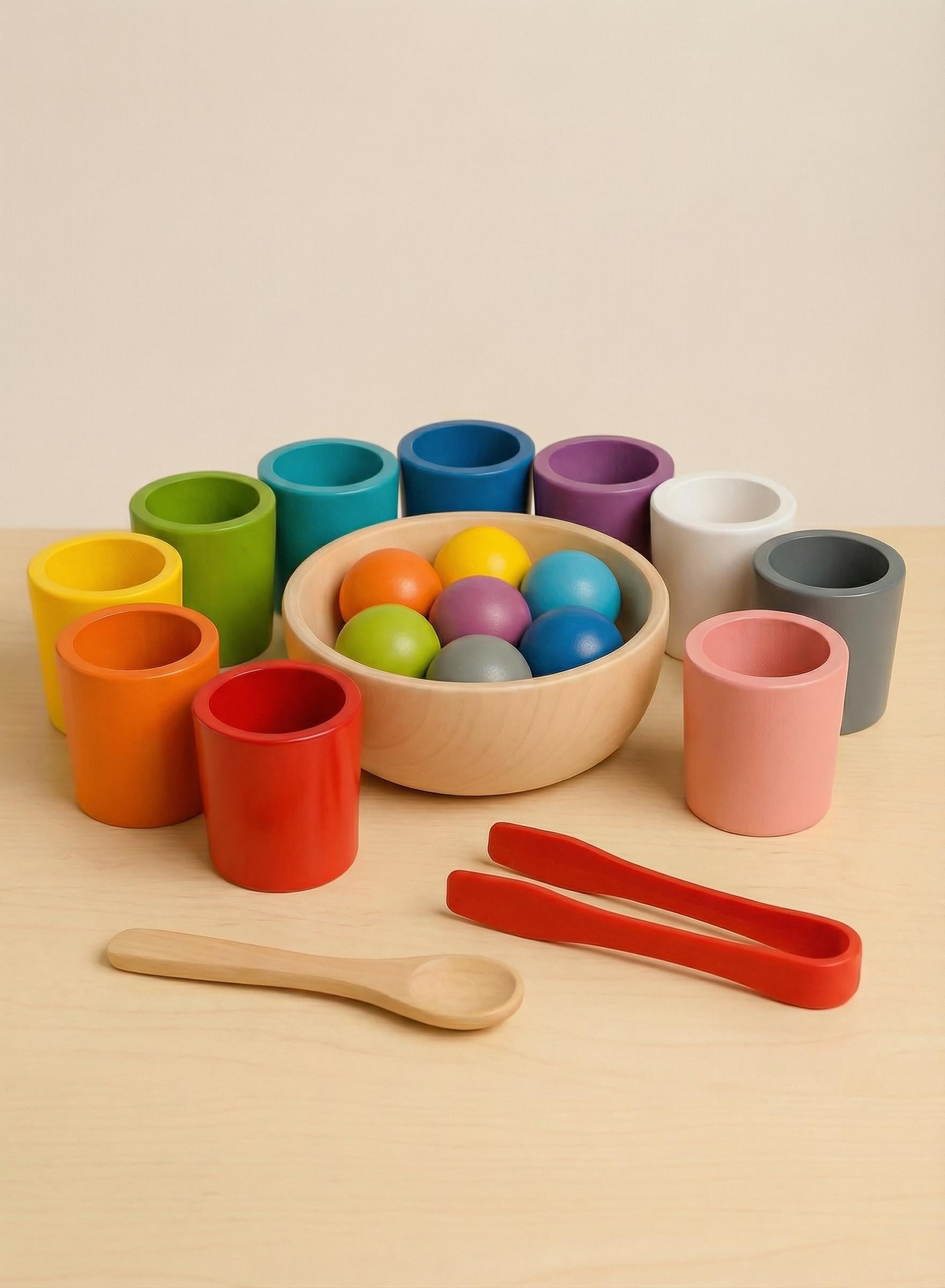 Сортер деревянный Монтессори OnePro с пинцетом и ложкой Разноцветный 74009 (74009)