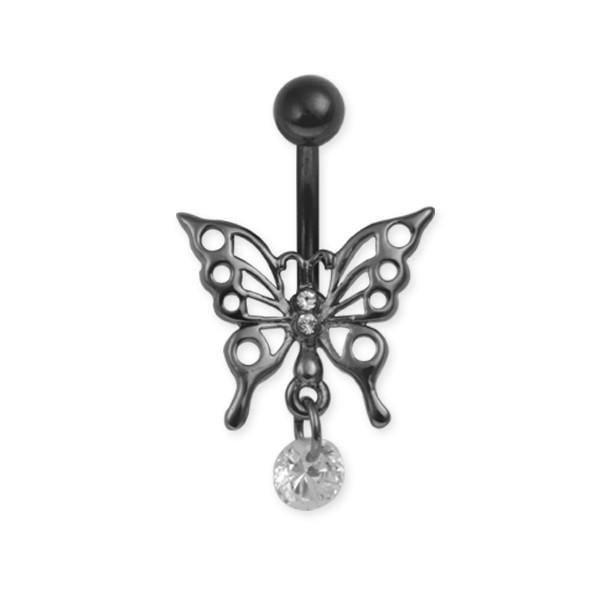 Серьга для пирсинга Банан в пупок ажурная бабочка с 2 маленькими стразами и круглой стразой-подвеской 1,6х10 мм Черный