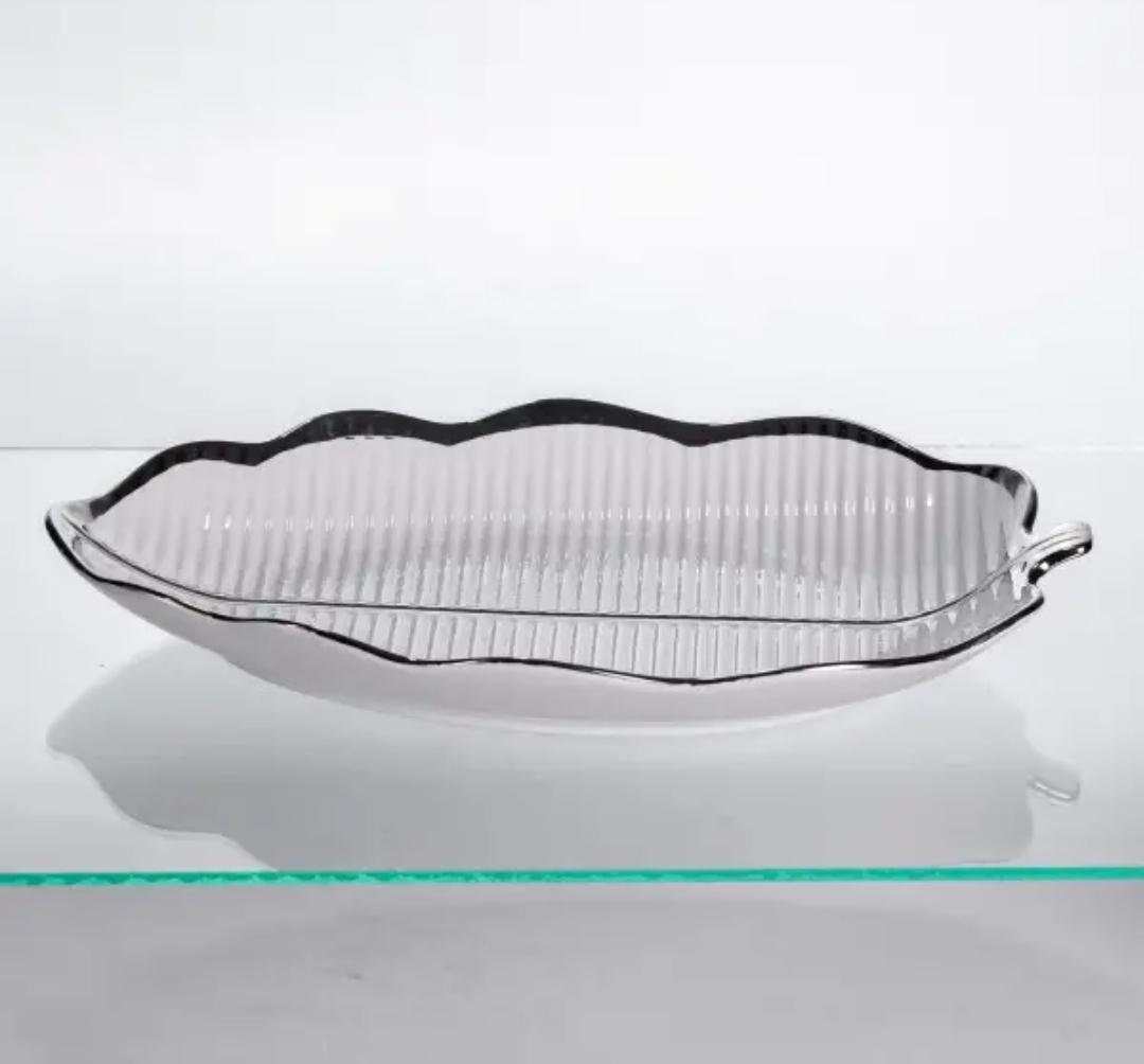 Блюдо сервірувальне Yiwu Camellia порцелянове 41х27х4 см Білий з сріблястим (ML6045) - фото 5