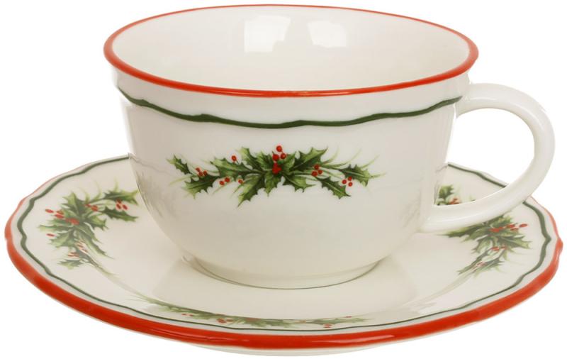 Набор фарфоровых чашек с блюдцами Evergreen Christmas с каймой 250 мл 2 шт. Красный