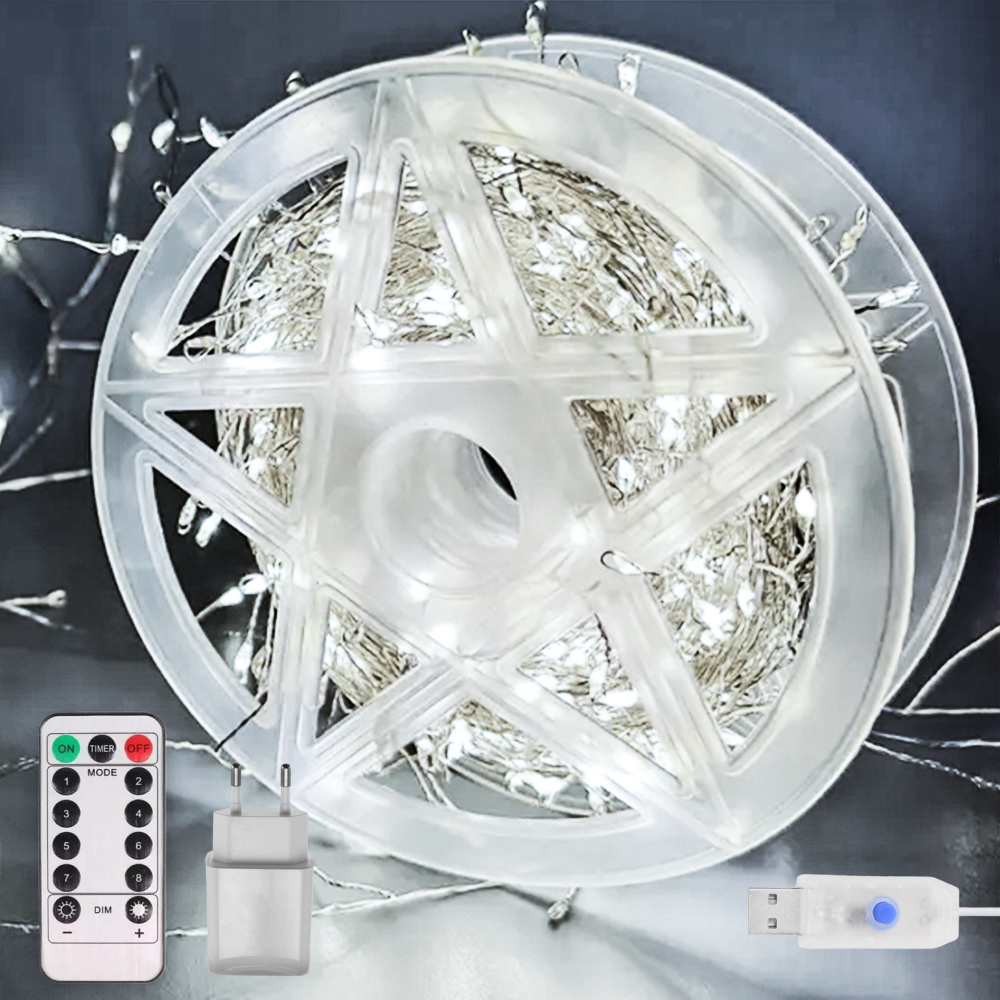 Гирлянда светодиодная мишура Роса 50 м с пультом 1500 LED от USB и сети прозрачный провод Белый