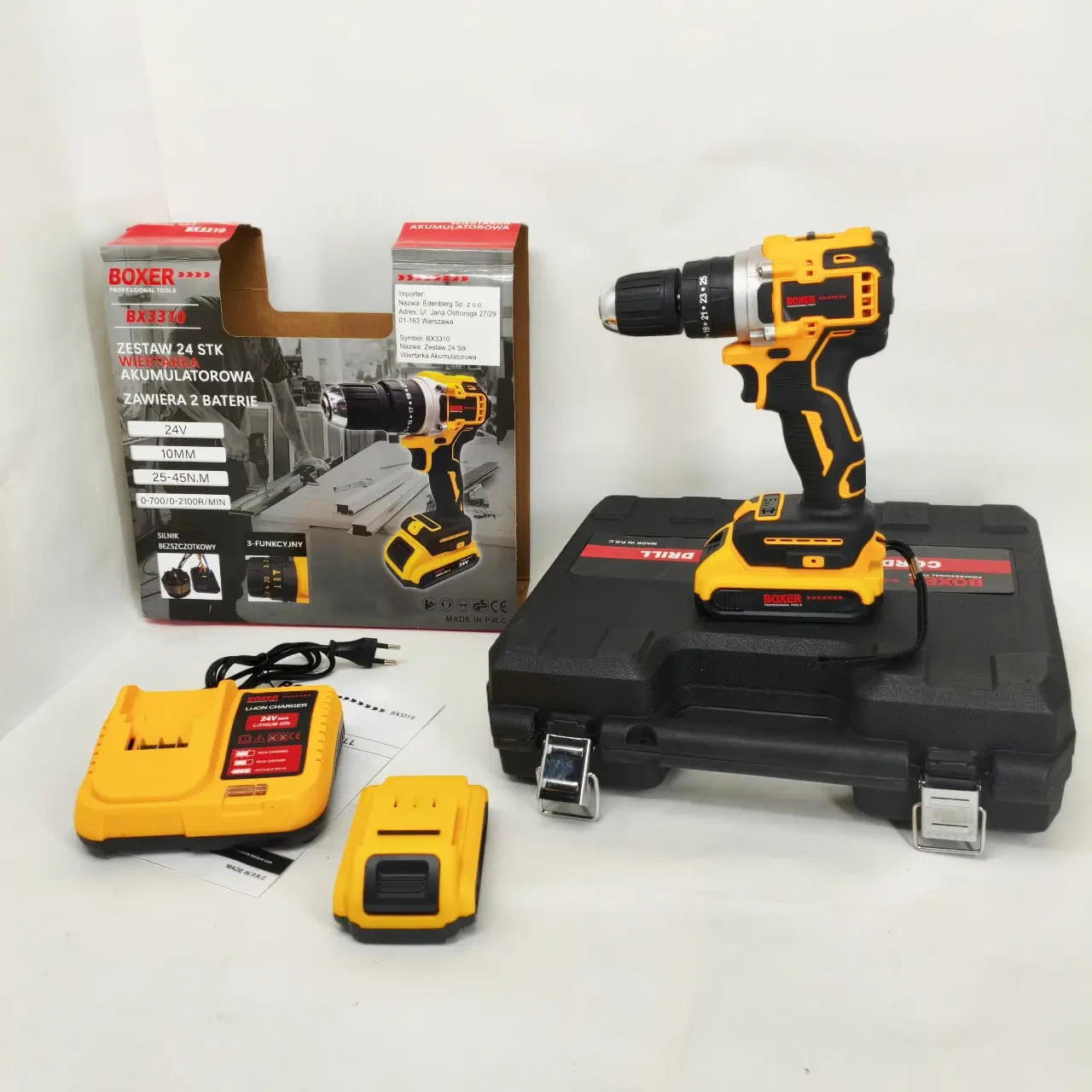 Дрель-шуруповерт аккумуляторный BOXER 24V 2 батареи Li-Ion 2 скорости 1500 об/мин/набор аксессуаров (BX-3310)