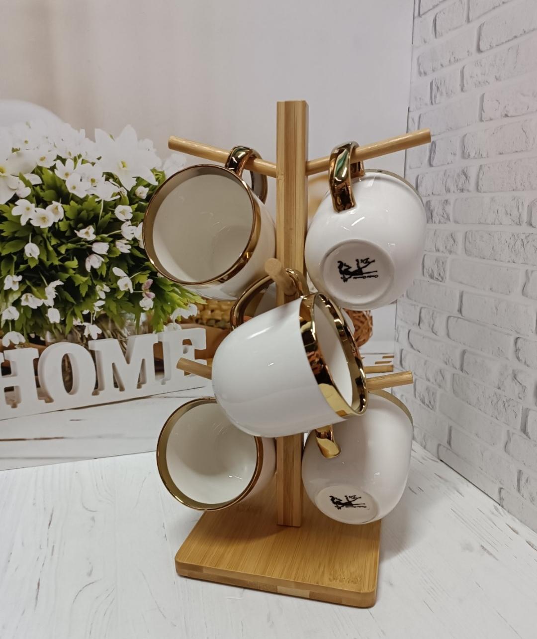 Набор чашек BonaDi 905-221 Золотая линия фарфора на подставке 320 мл 7 пр. Белый (21065065)