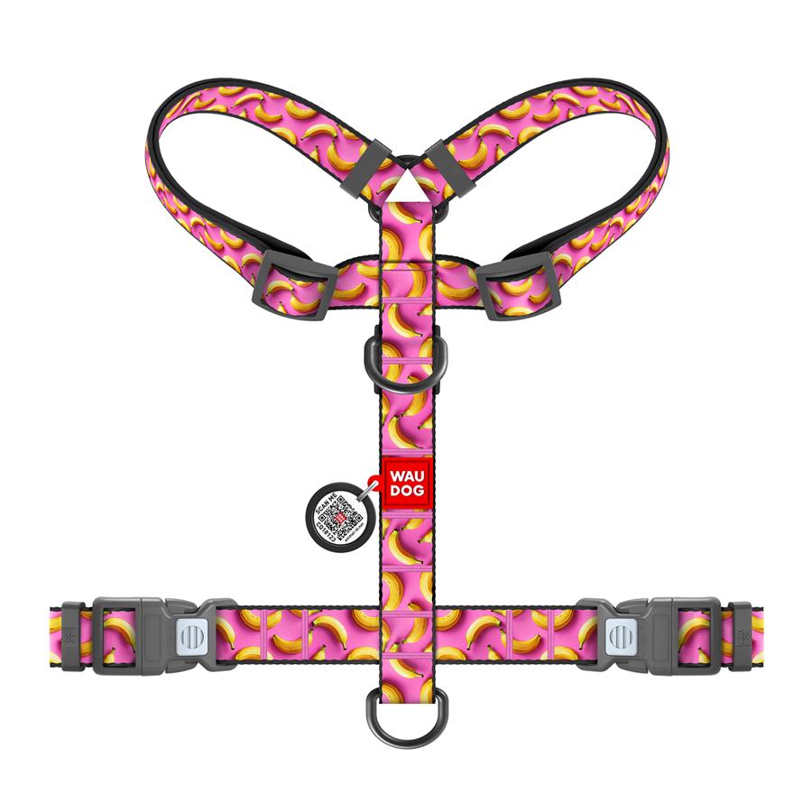 Шлейка для собак с QR-паспортом Waudog Nylon Бананы анатомическая H-образная с пластиковым фастексом S 15 мм A 30-45 см/B 36-45 см Pink (343-4055) - фото 2 Шлейка для собак с QR-паспортом Waudog Nylon Бананы анатомическая H-образная с пластиковым фастексом S 15 мм A 30-45 см/B 36-45 см Pink (343-4055) - фото 2