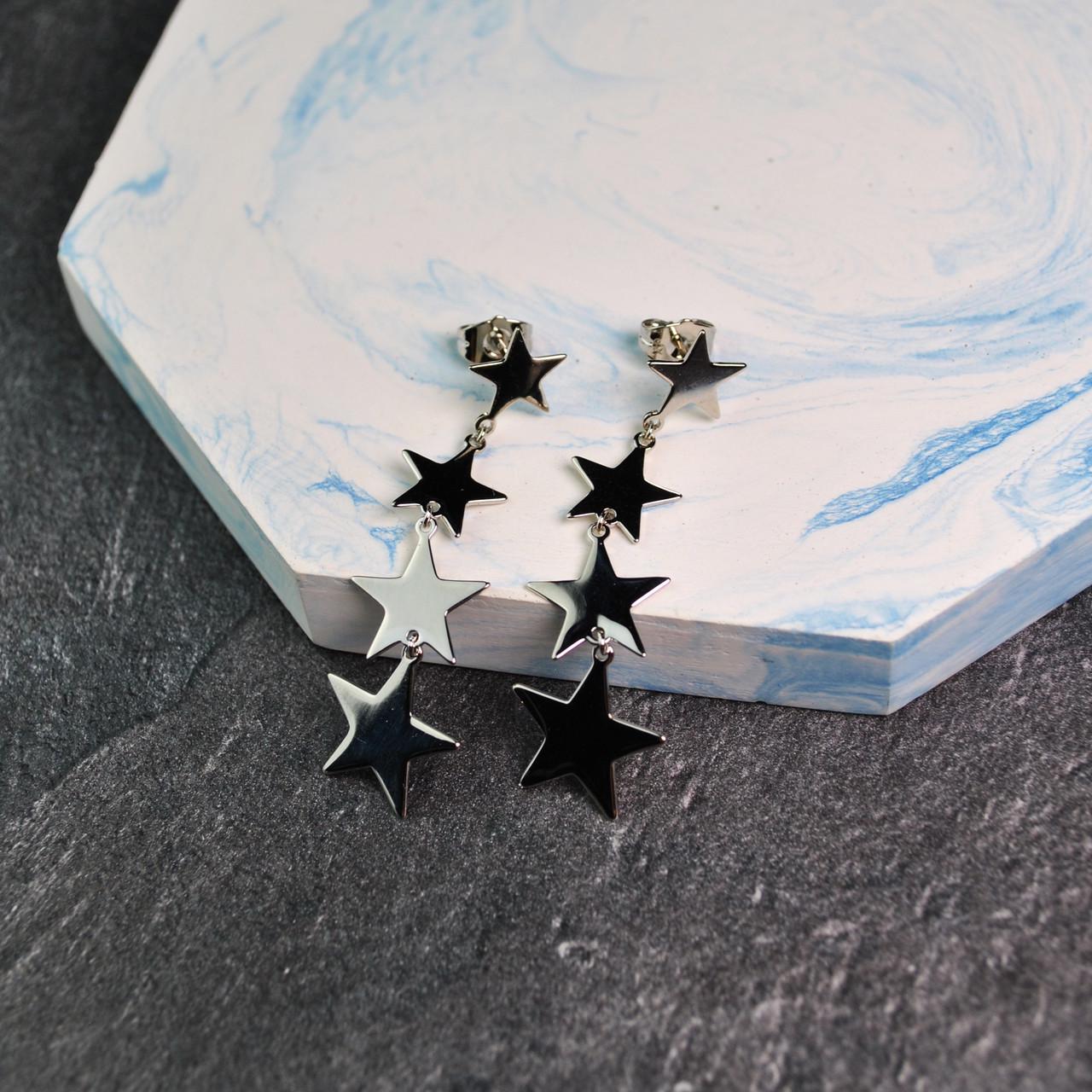 Сережки цвяшки 4 зірки медична сталь родій (x202-1) - фото 5