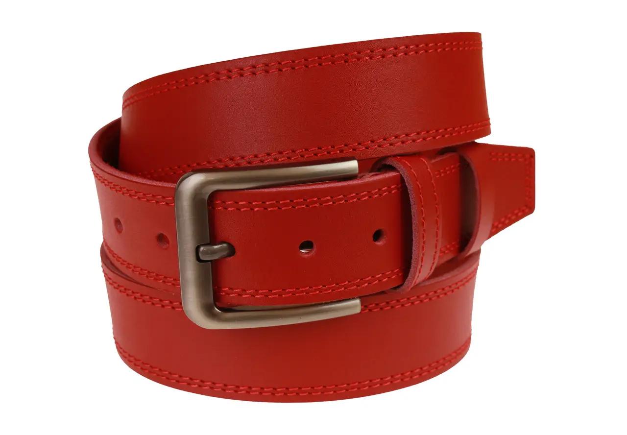 Ремень кожаный с двойной прошивкой по периметру 115-150 см Красный (82507) - фото 2