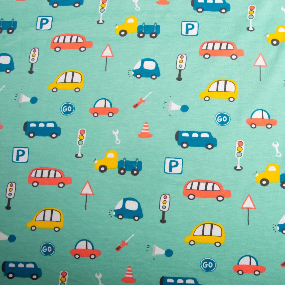 Тканина трикотаж кулір з дитячим малюнком Автомобілі 150 г/м2 160 см Бірюзовий (27365)